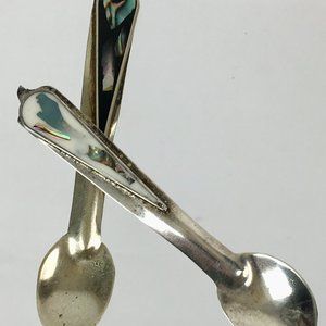 2 Vintage Miniature Alpaca Silver Mexico Abalone Mother of Pearl Salt Spoon Set